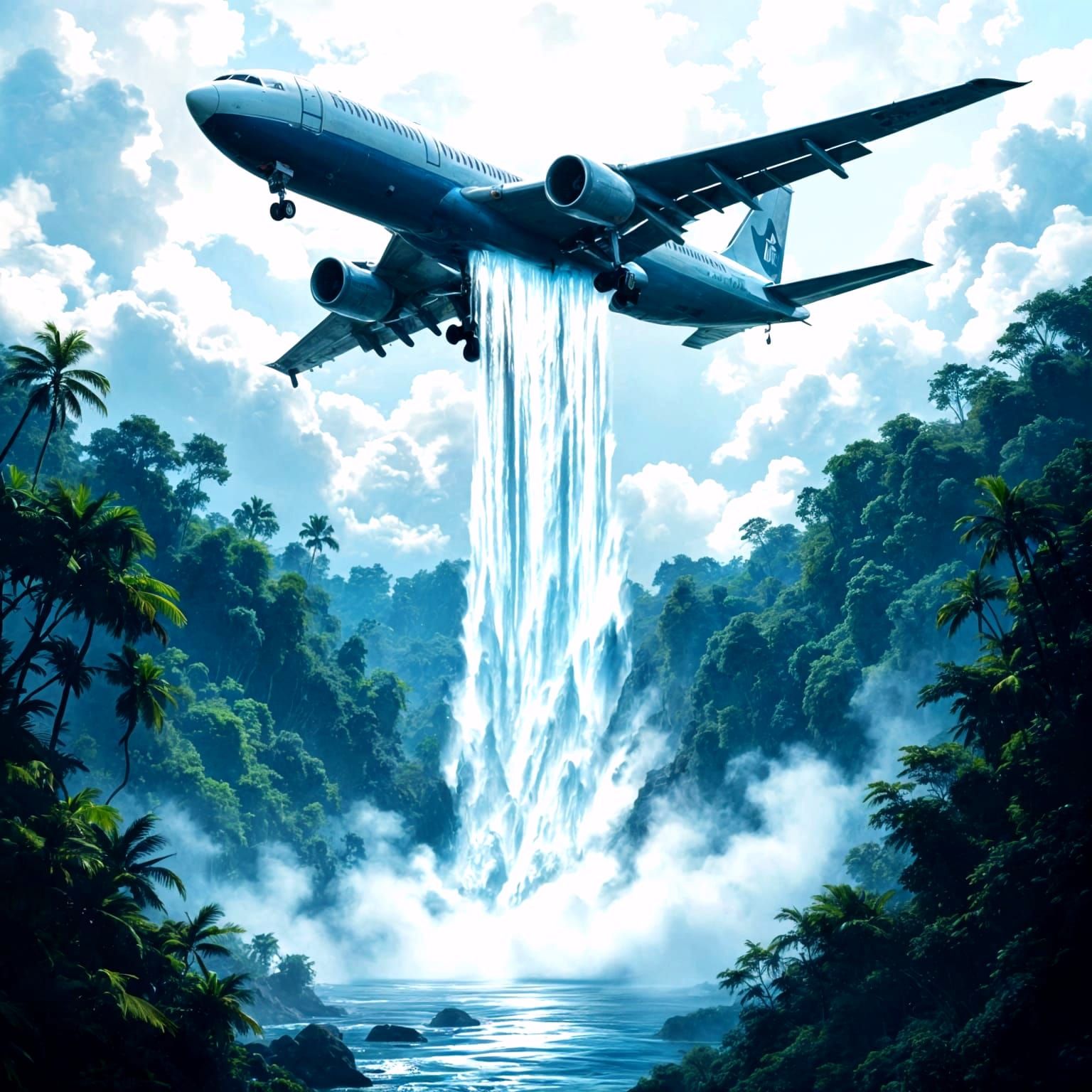 Gasoline Waterfall Over Jurassic Forest Scene