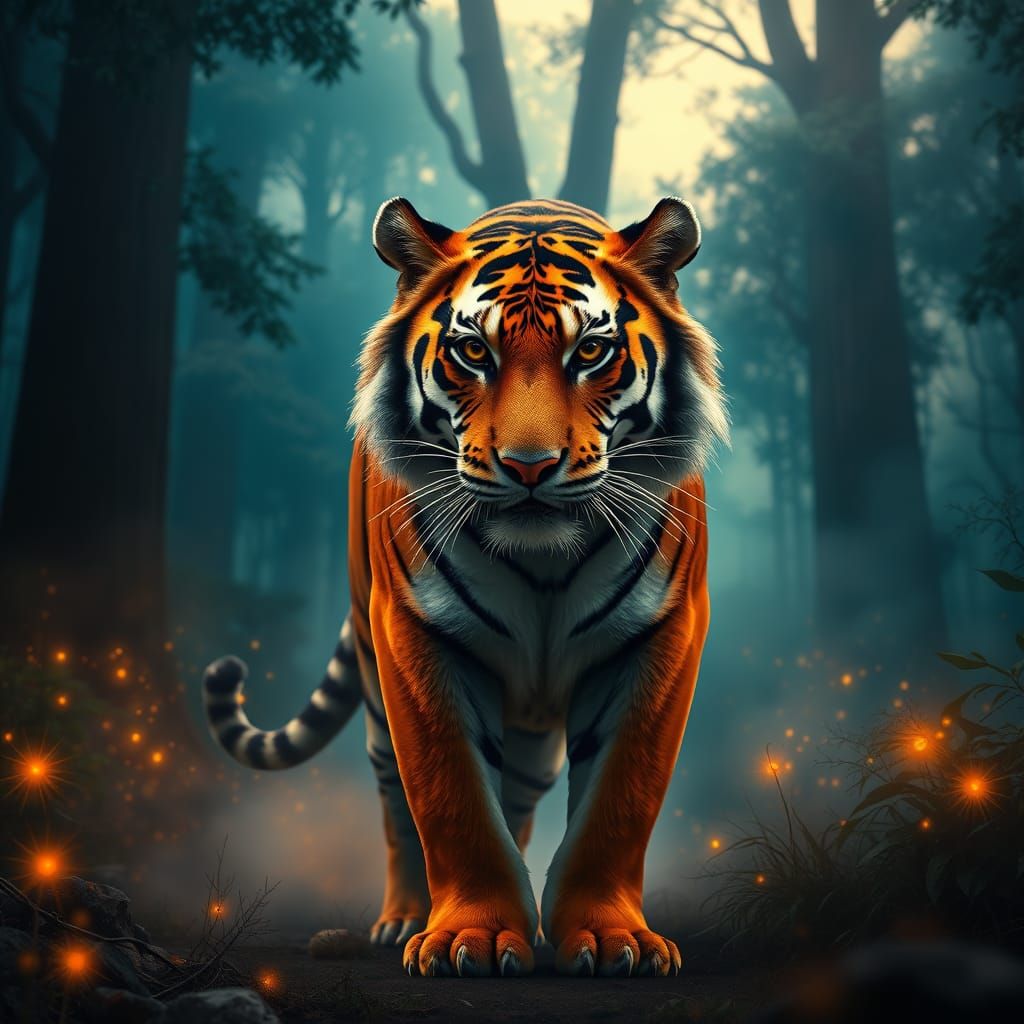Majestic Tiger in Mystical Forest Landscape