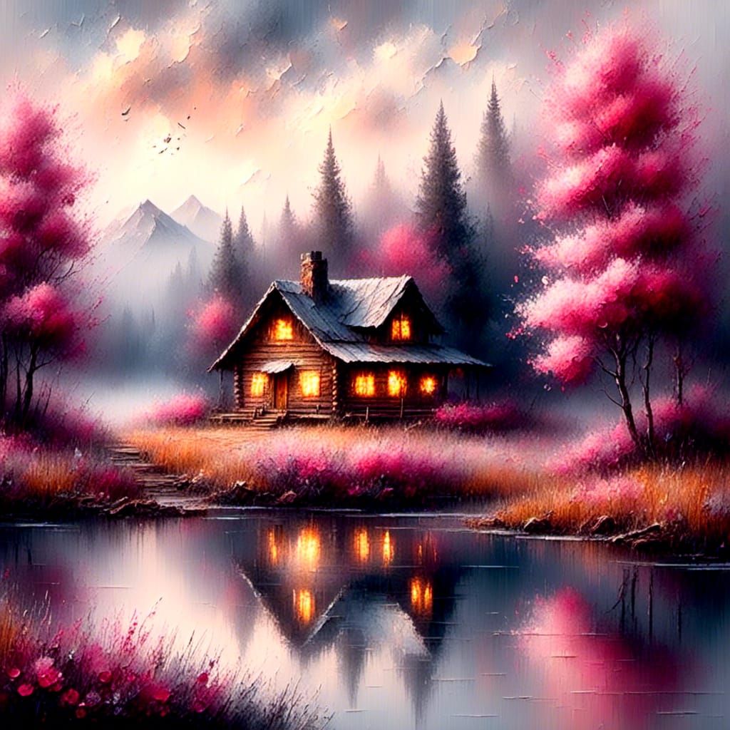 Spring Landscape Watercolor Painting with Log Cabin