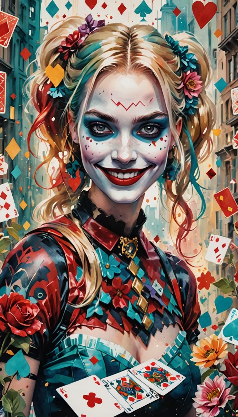 Dreamlike Harley Quinn Portrait in Watercolor Style