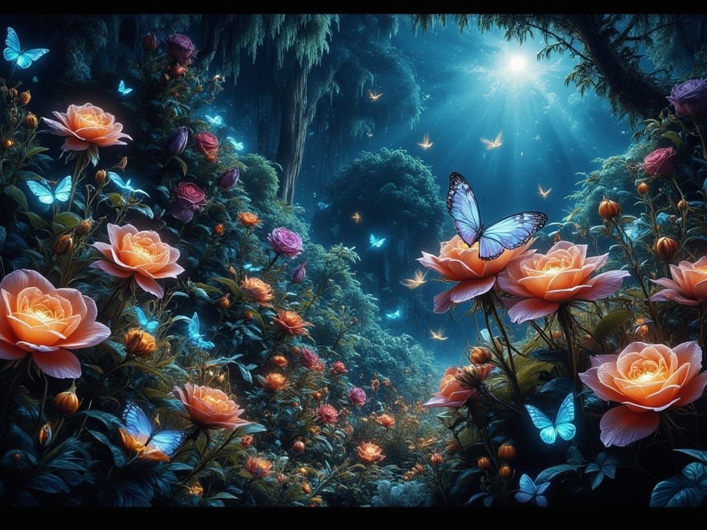 Bioluminescent Garden at Night with Ethereal Butterflies