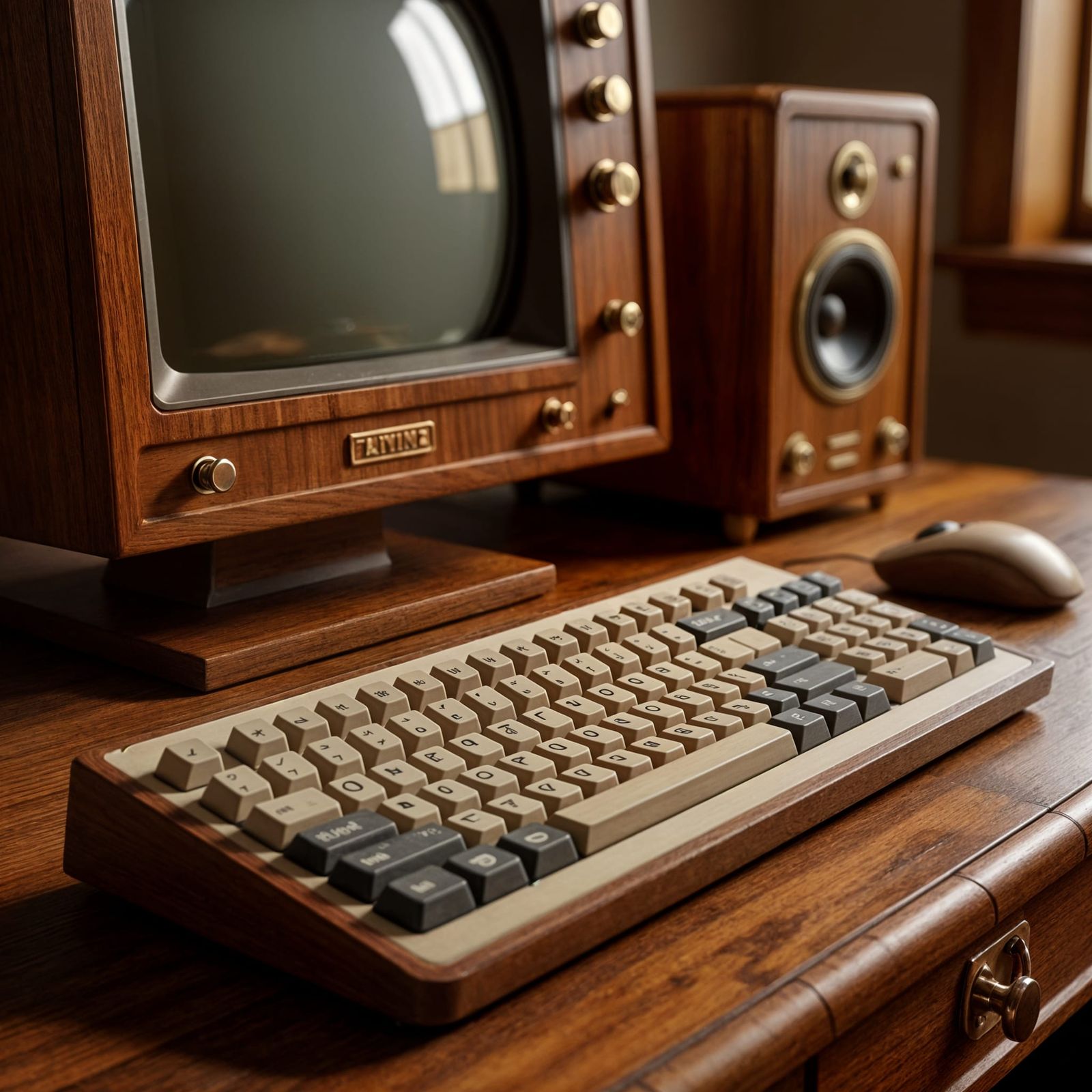 Vintage Computer Setup with Wooden Textures: 3D Render