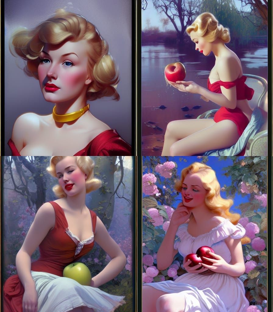A beautiful blonde girl Apple bobbing ducking for apples 1950’s Gil Elvgren head and shoulders portrait, 8k resolution c...