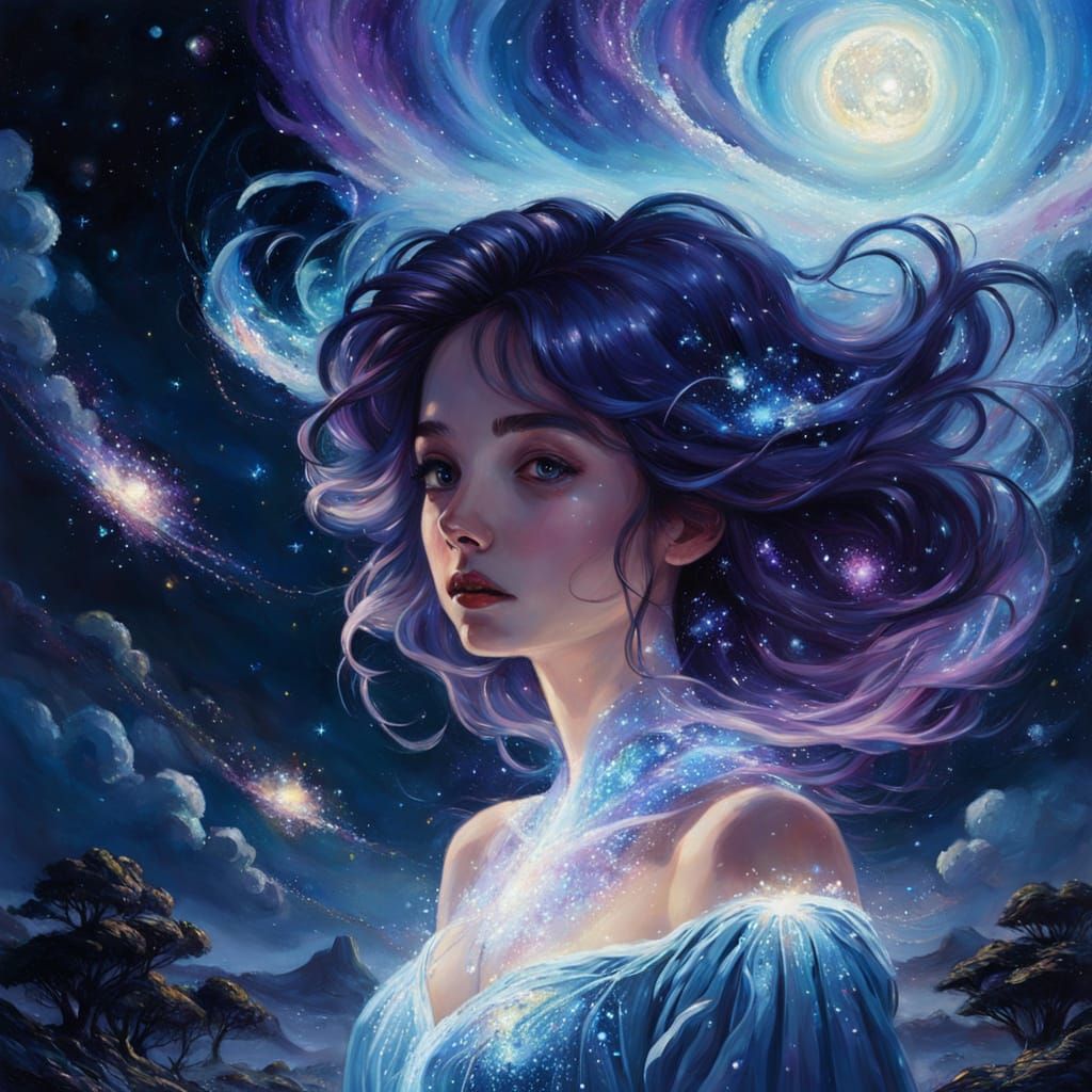 Ethereal Woman on Floating Island in Cosmic Nebula