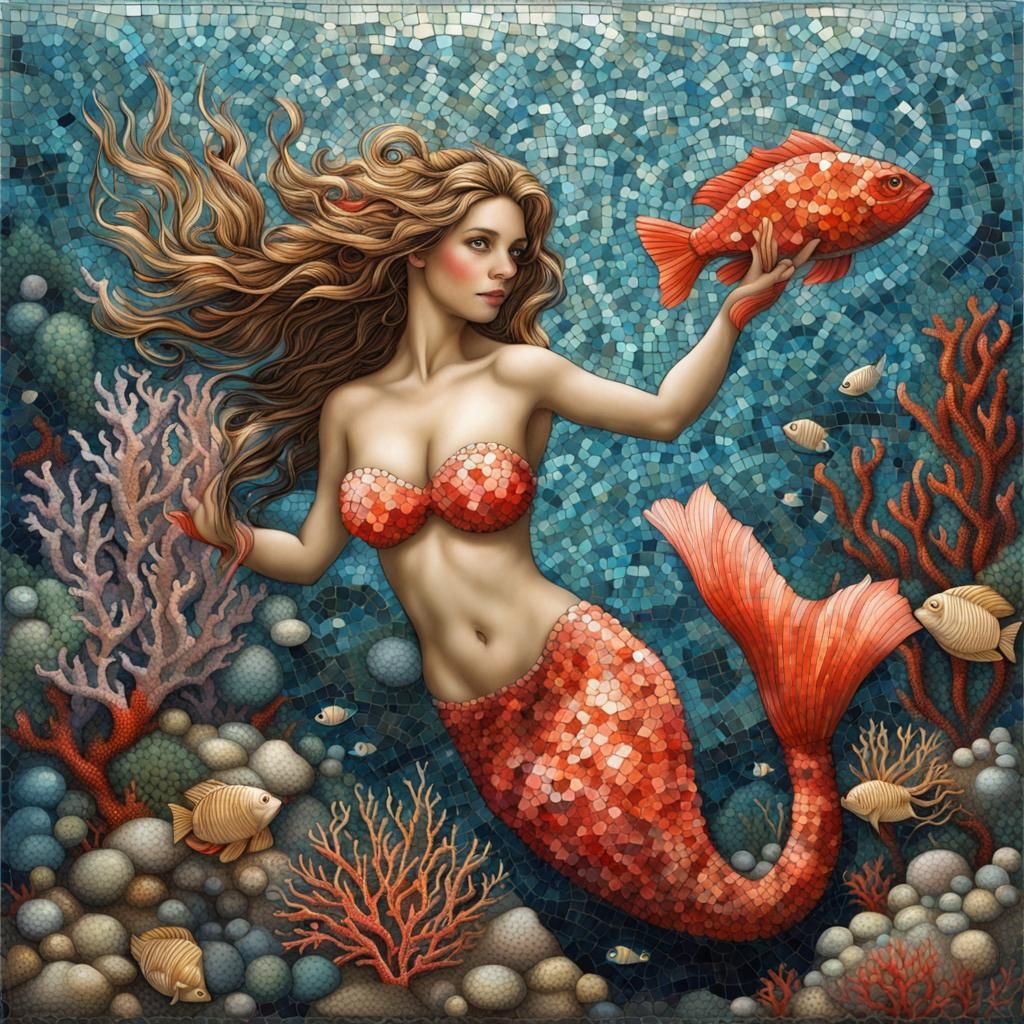 Underwater Mermaid Mosaic with Coral and Fish