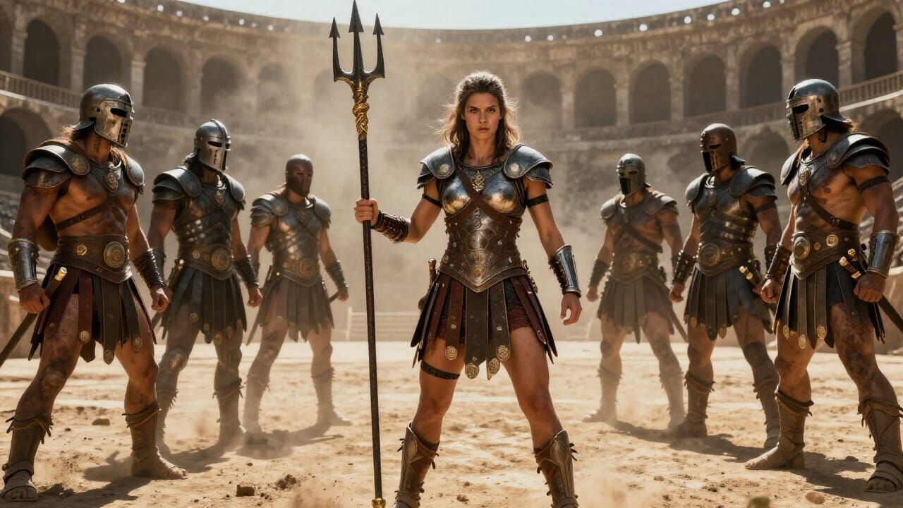 Female Gladiator Fights Seven Warriors in Dusty Colosseum