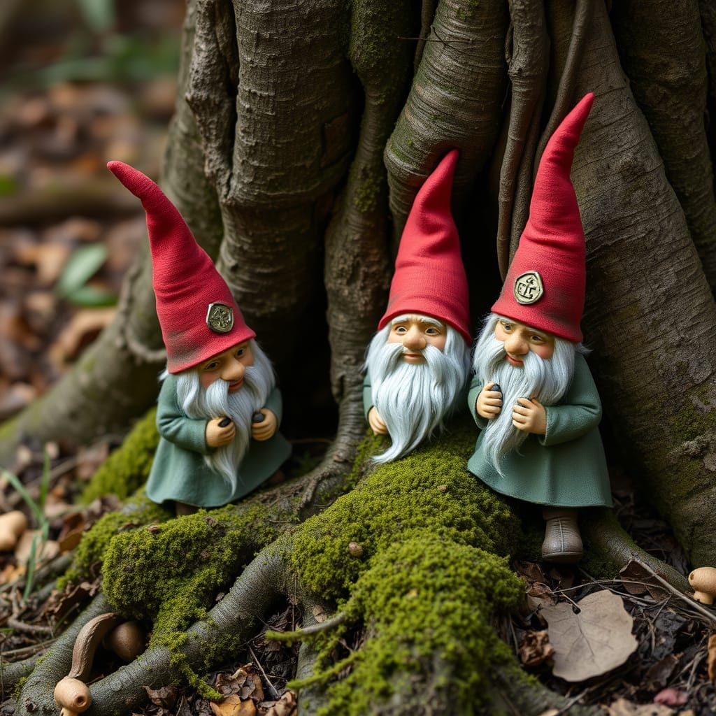 Gnomes Protecting Sacred Roots in Fairy Tale Style