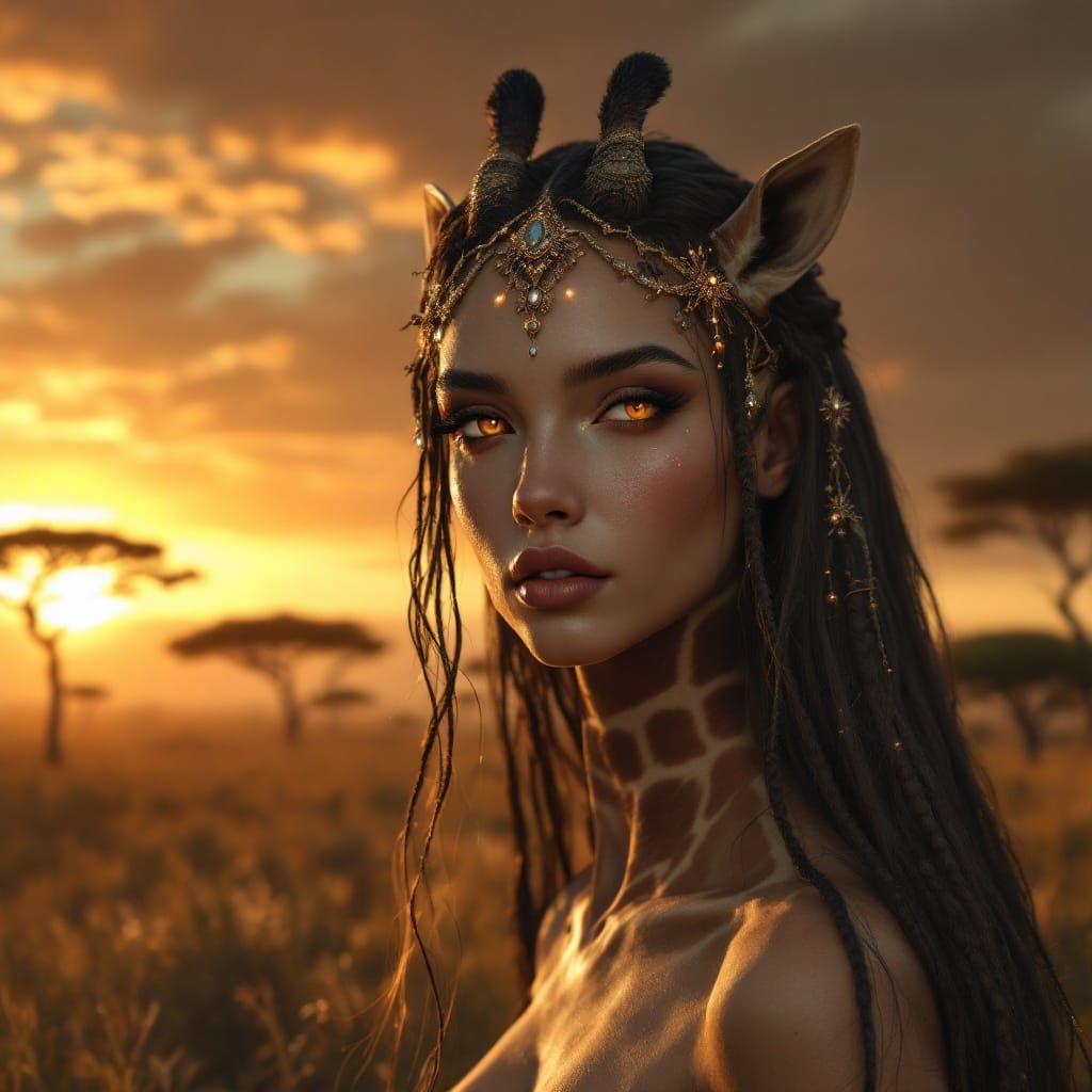 Giraffe-Centaur Goddess in Golden Savanna Sunset