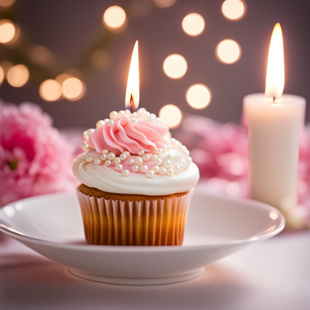 Elaborate Pearl Cupcake with Candle: Professional Photograph...