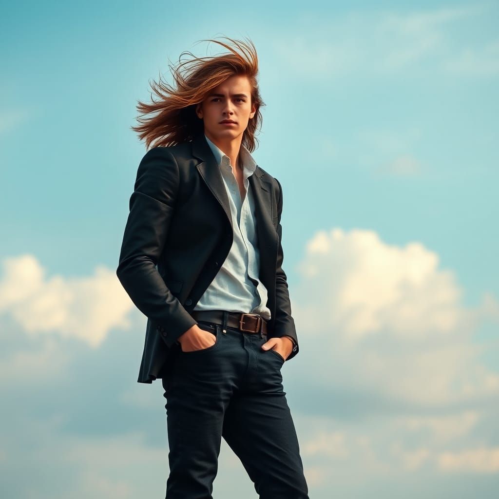 Windswept Young Man in Romantic Landscape Style