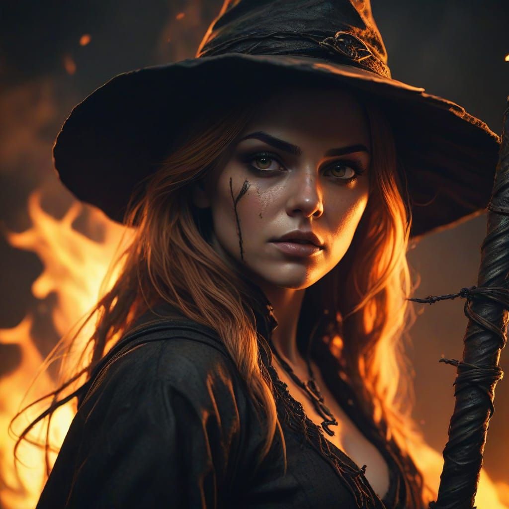 Dramatic Dark Fantasy Scene of a Witch Burning at the Stake