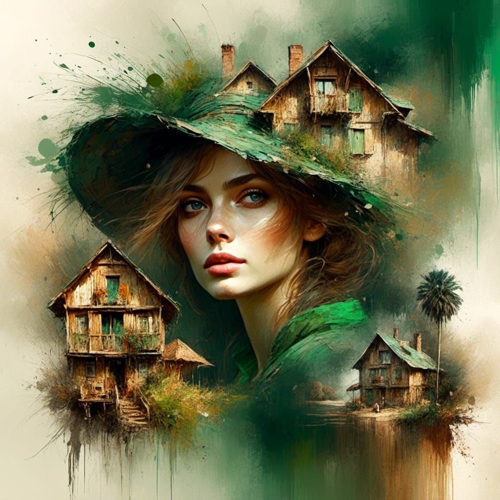 brown and green hues, sunny day, countryside village, wooden houses, splash art,...