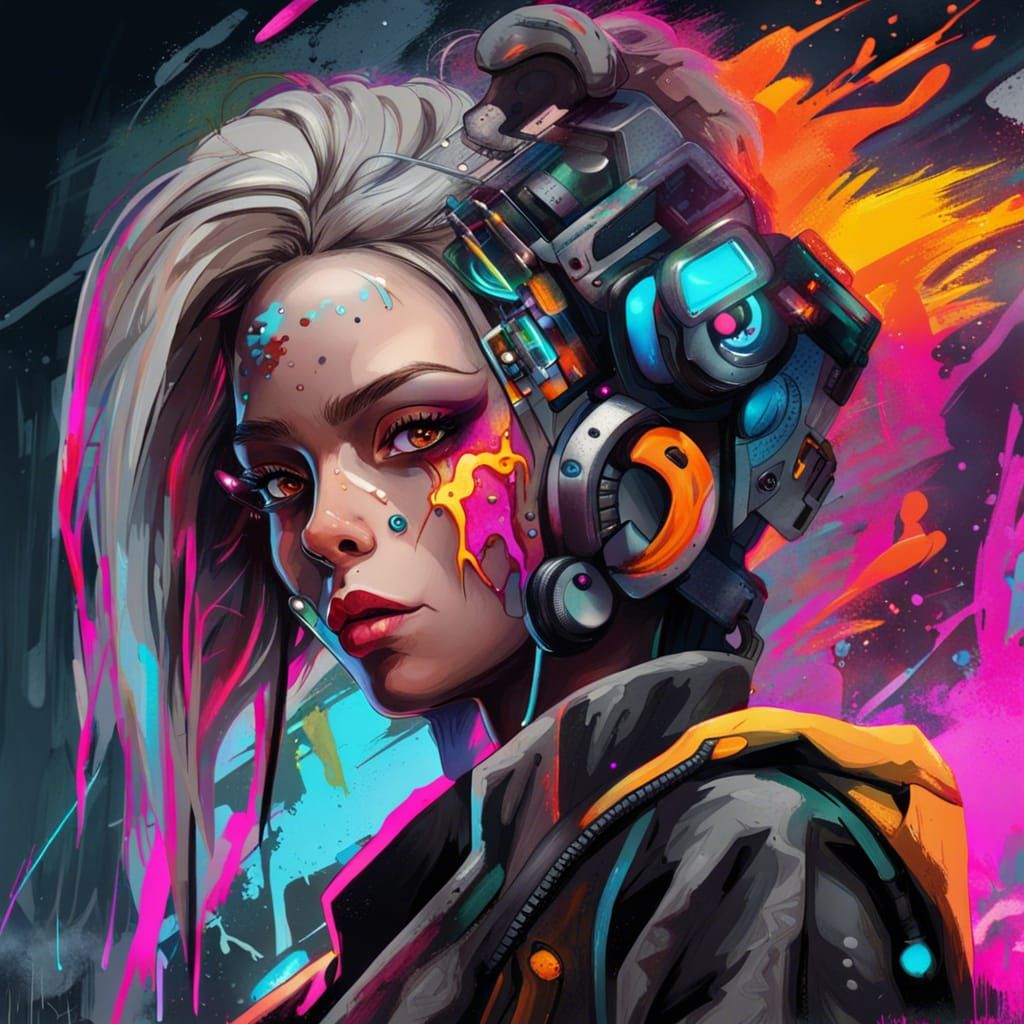 Cyberpunk Woman with Blazing Eyes in Graffiti Art