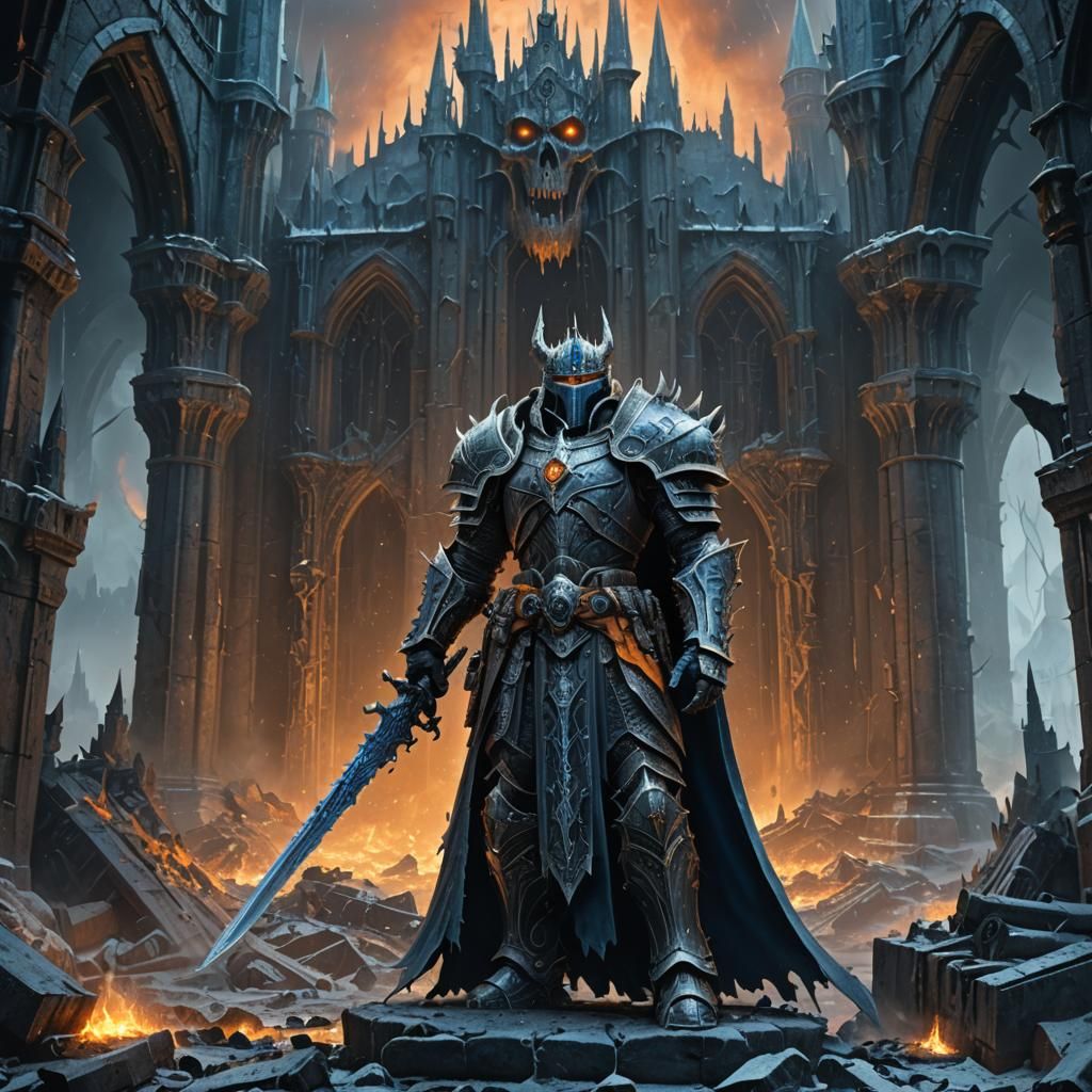Lich King with Guns in Gothic Ruins