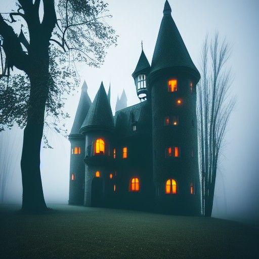 Haunted Castle in Foggy Night