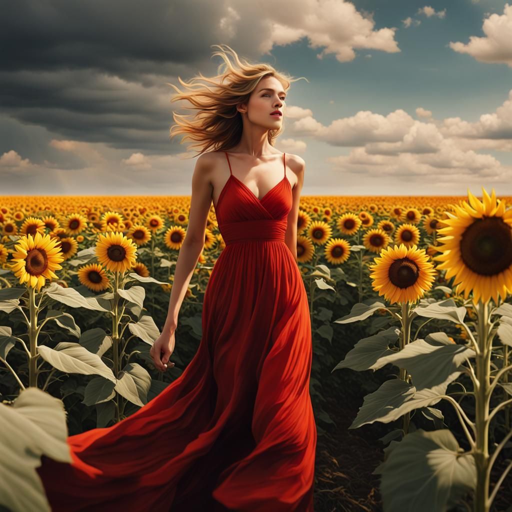 Windy Sunflower Field with Woman in Red Dress