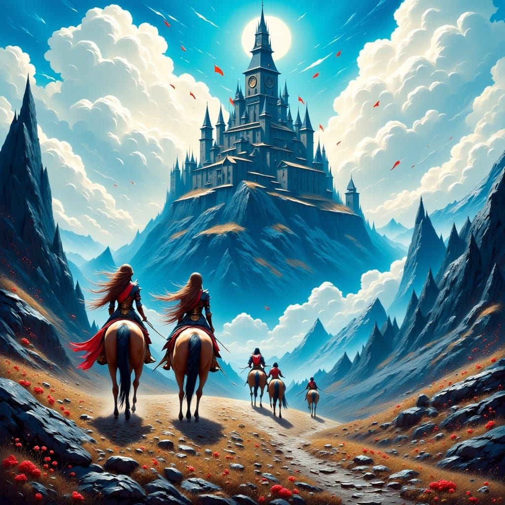 Armored Elf Women Ride to Faery Castle in Fantasy Landscape