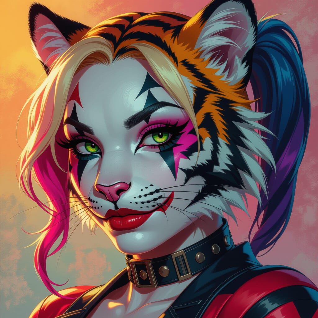 Harley Quinn-Tiger Hybrid in Noir Comic Style