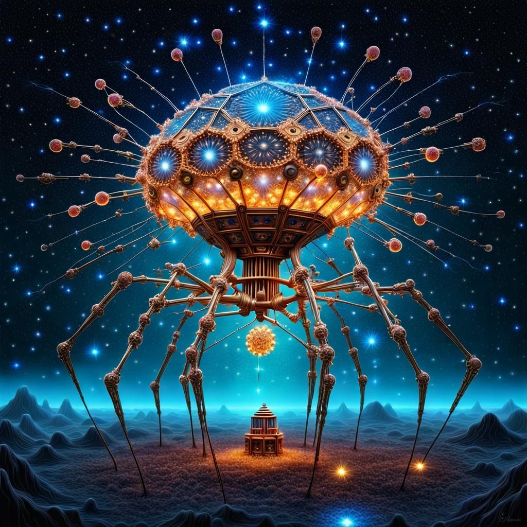 Surreal Steampunk Bacteriophage in Starry Galaxy