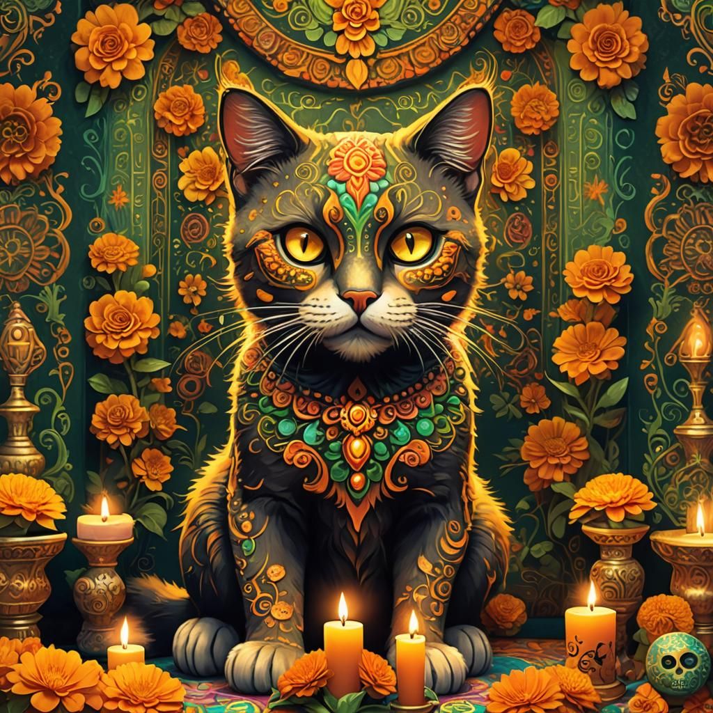 Colorful Dia de los Muertos Cat on Ornate Altar