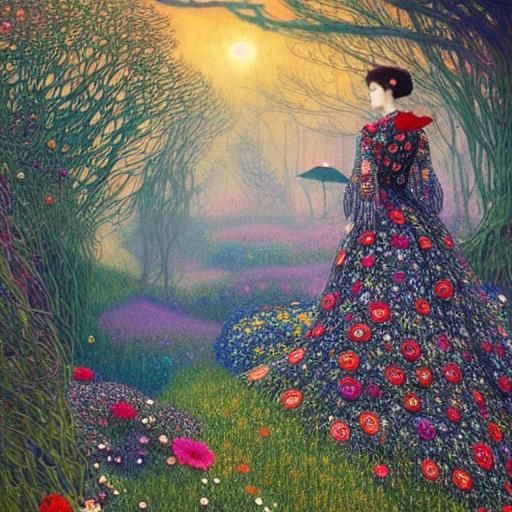 Sunset Woman in Forest, Art Nouveau Style