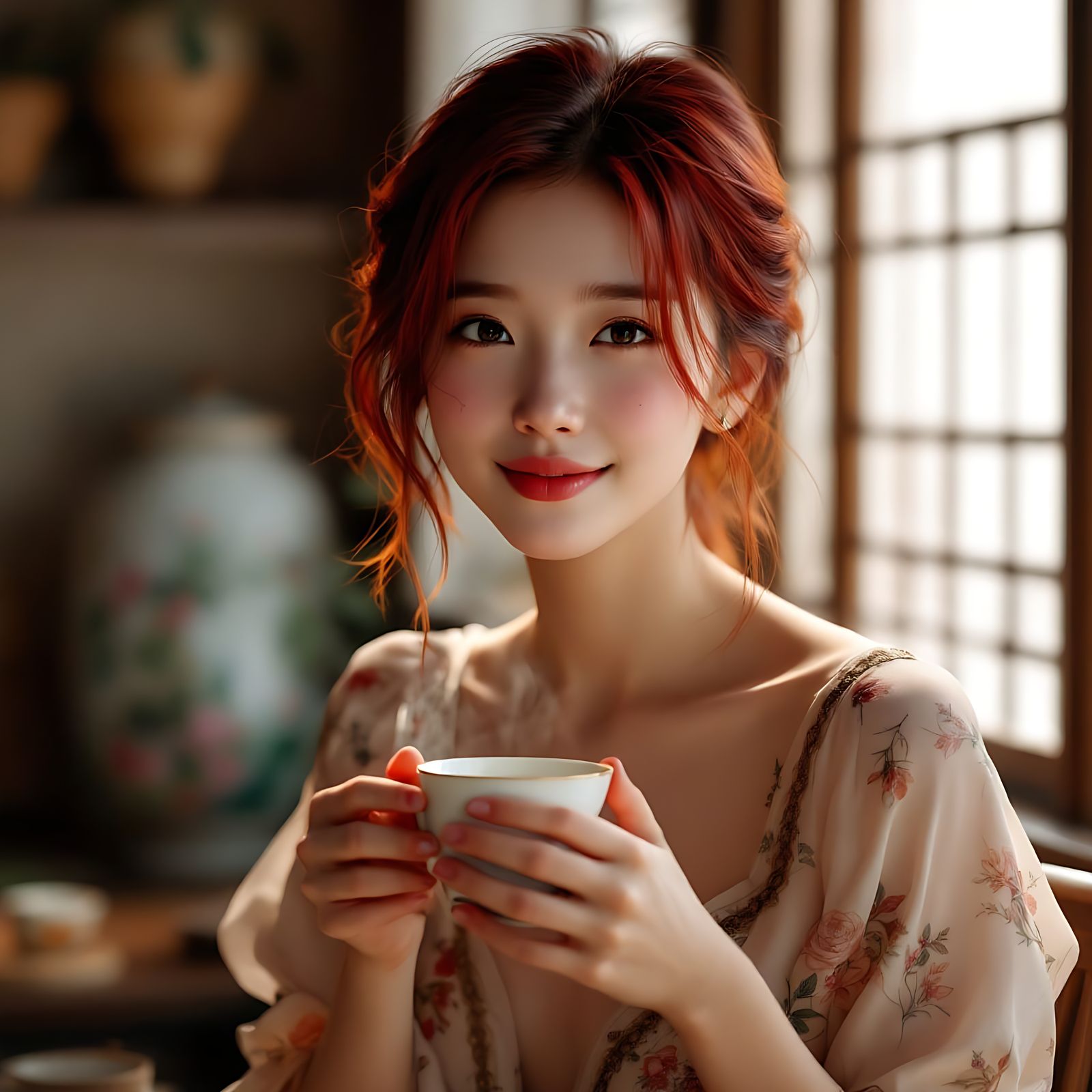 Japanese Tea Maiden in a Kyoto Tea House