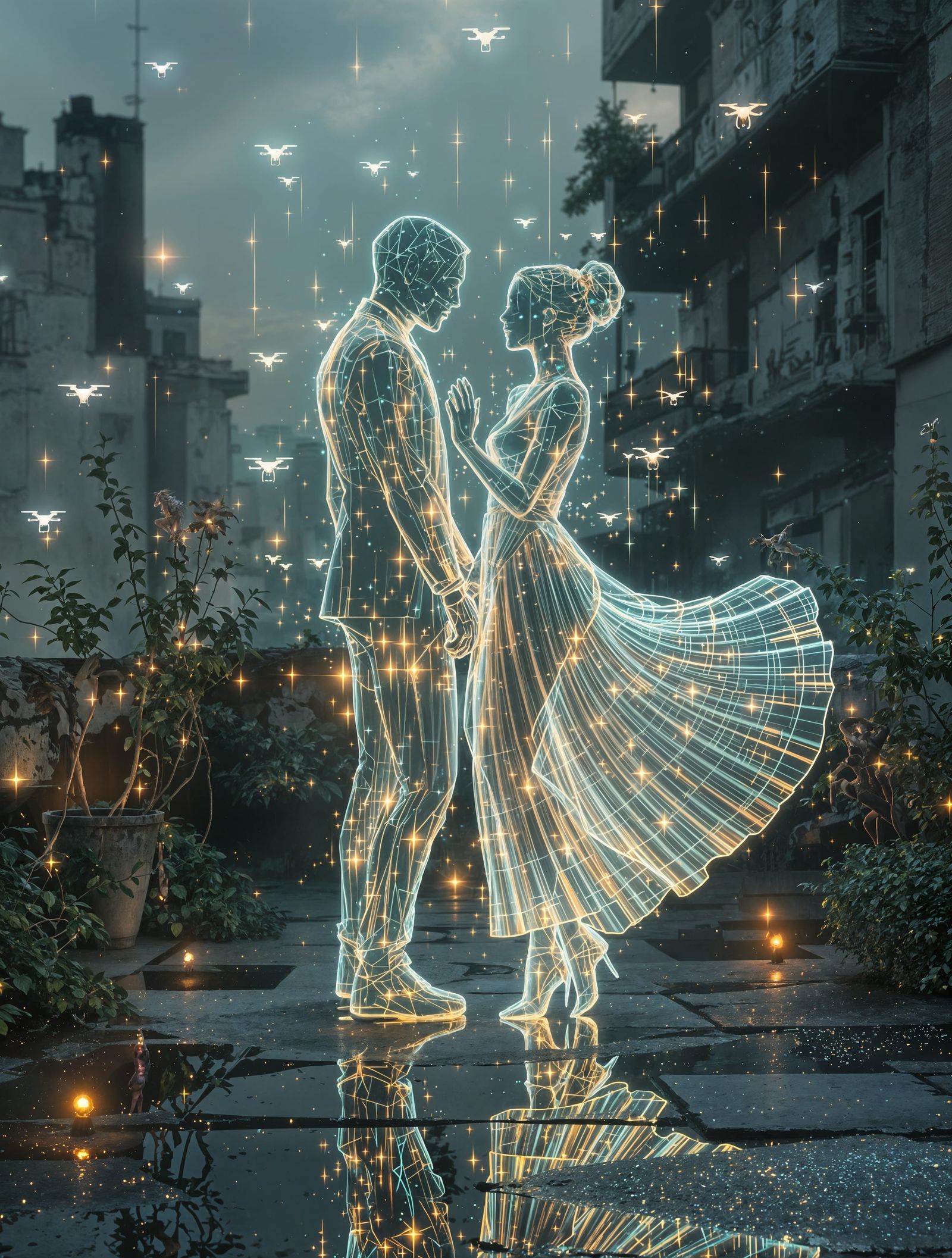 Holographic Lovers Dance in Neon-Lit Rooftop Ballet