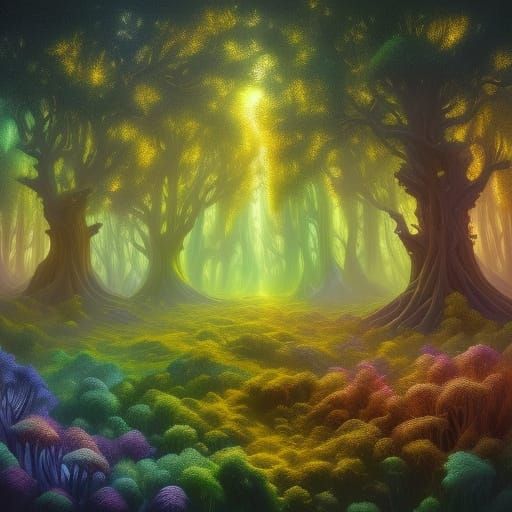 Ancient Forest Fantasy Scene in Vibrant Oil Painting Style