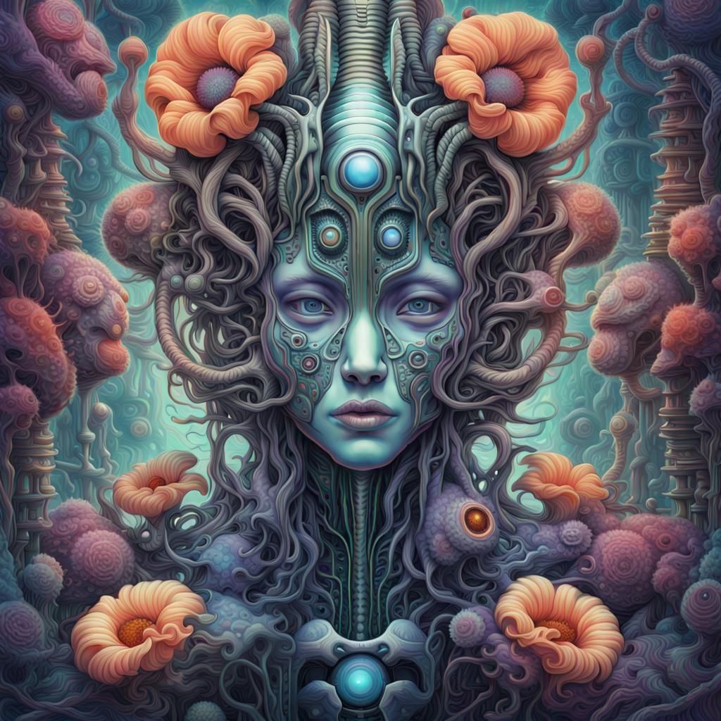 Surreal Alien Faces in Cosmic Biomechanical Art