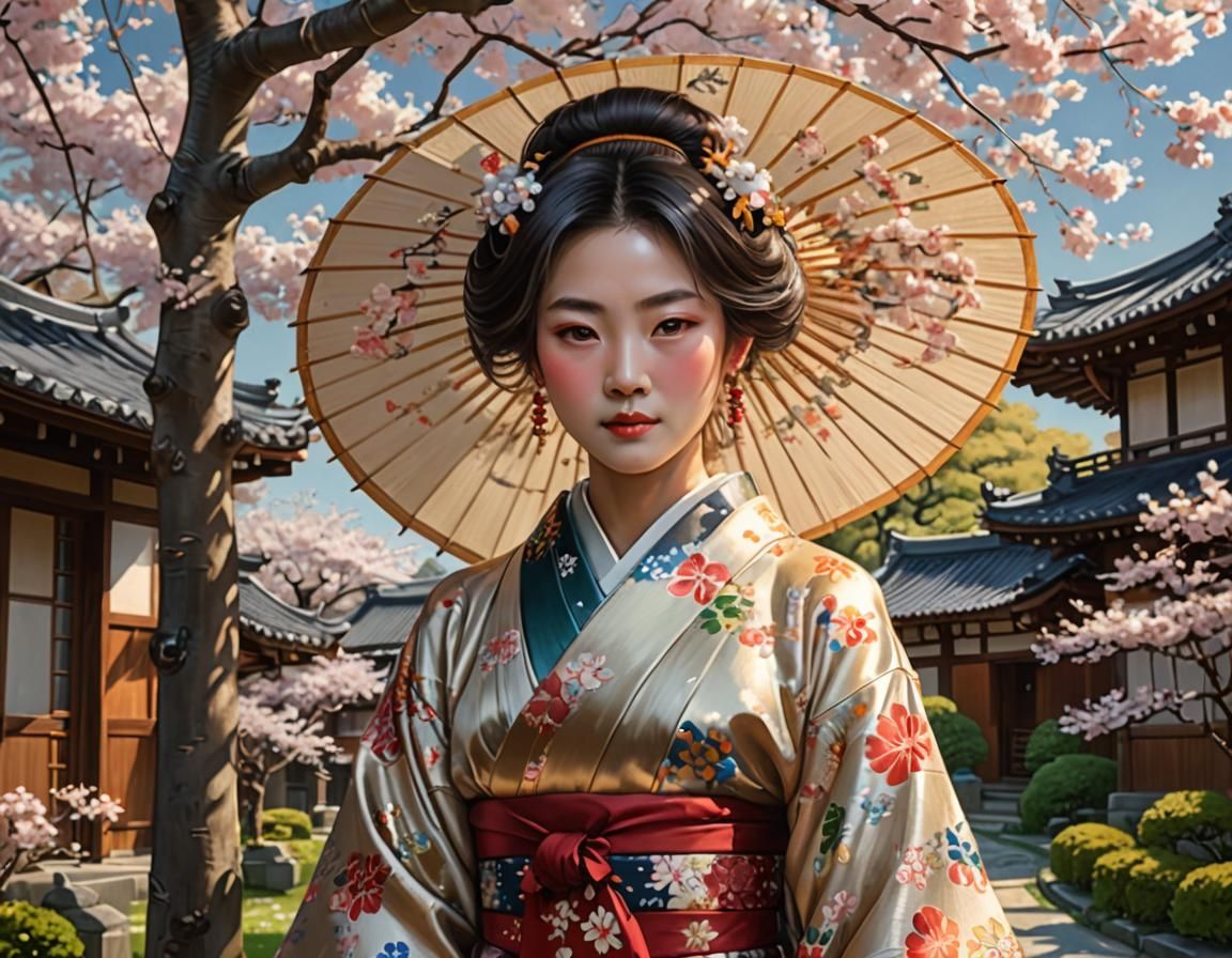 Geisha in Floral Kimono: Art Nouveau Digital Art