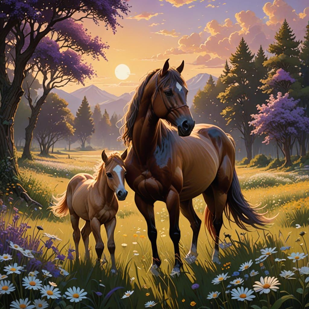 Mother and Child in Enchanted Summer Meadow