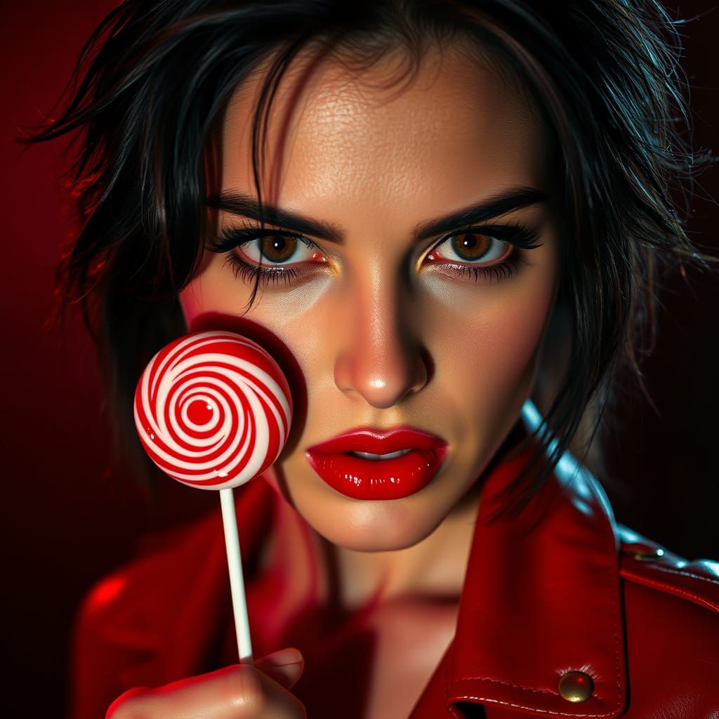 Seductive Woman with Red Lollipop in Cyberpunk Style