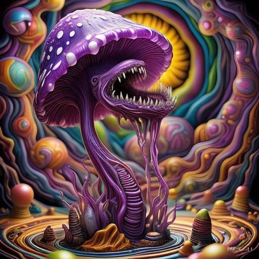Surreal Purple Mushroom Plant with Jagged Teeth and Iridesce...