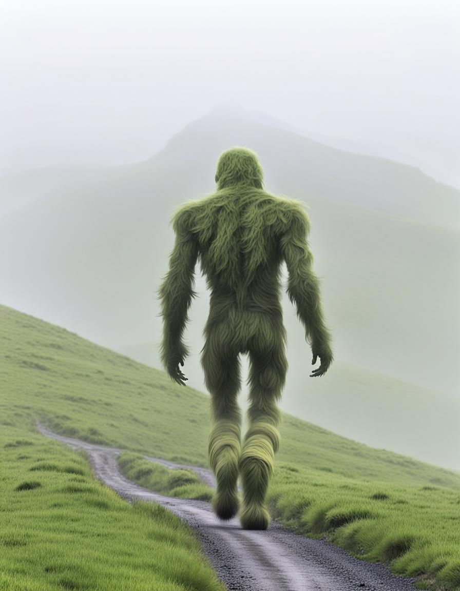Gigantic Humanoid Striding Through Foggy Landscape