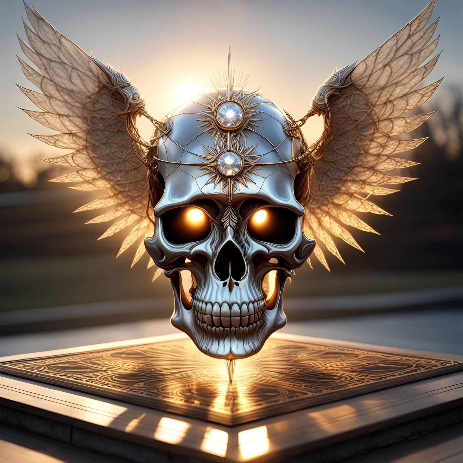 Diamond Skull with Wings on Chessboard at Dawn