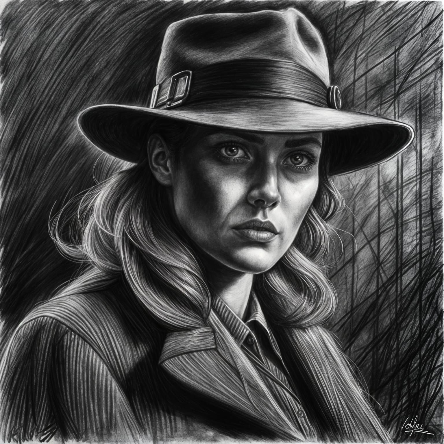 Female Noir Detective in Charcoal Style
