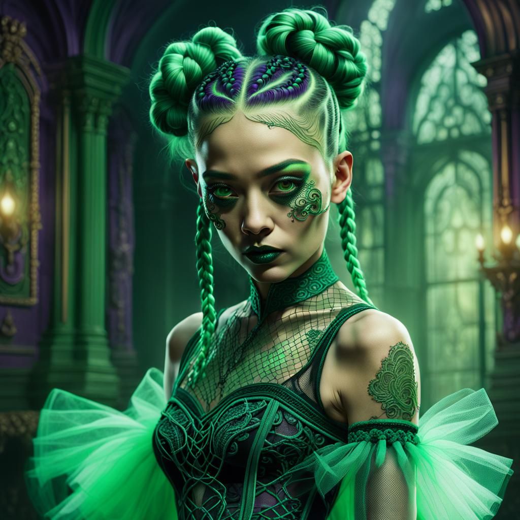 Jade Braid Woman in Tulle Tutu: Surreal Fantasy Art
