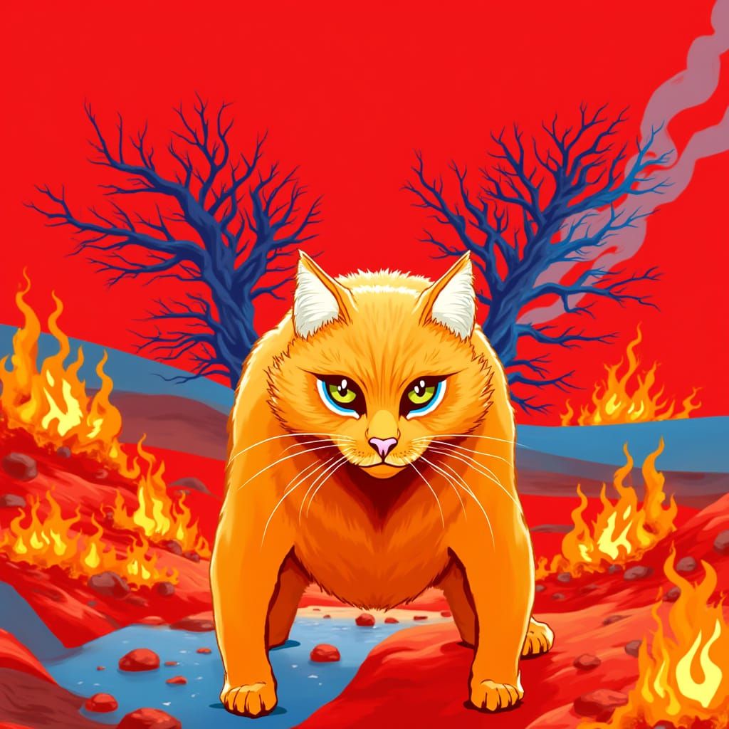 Cybernetic Feline Amidst Hellish Inferno