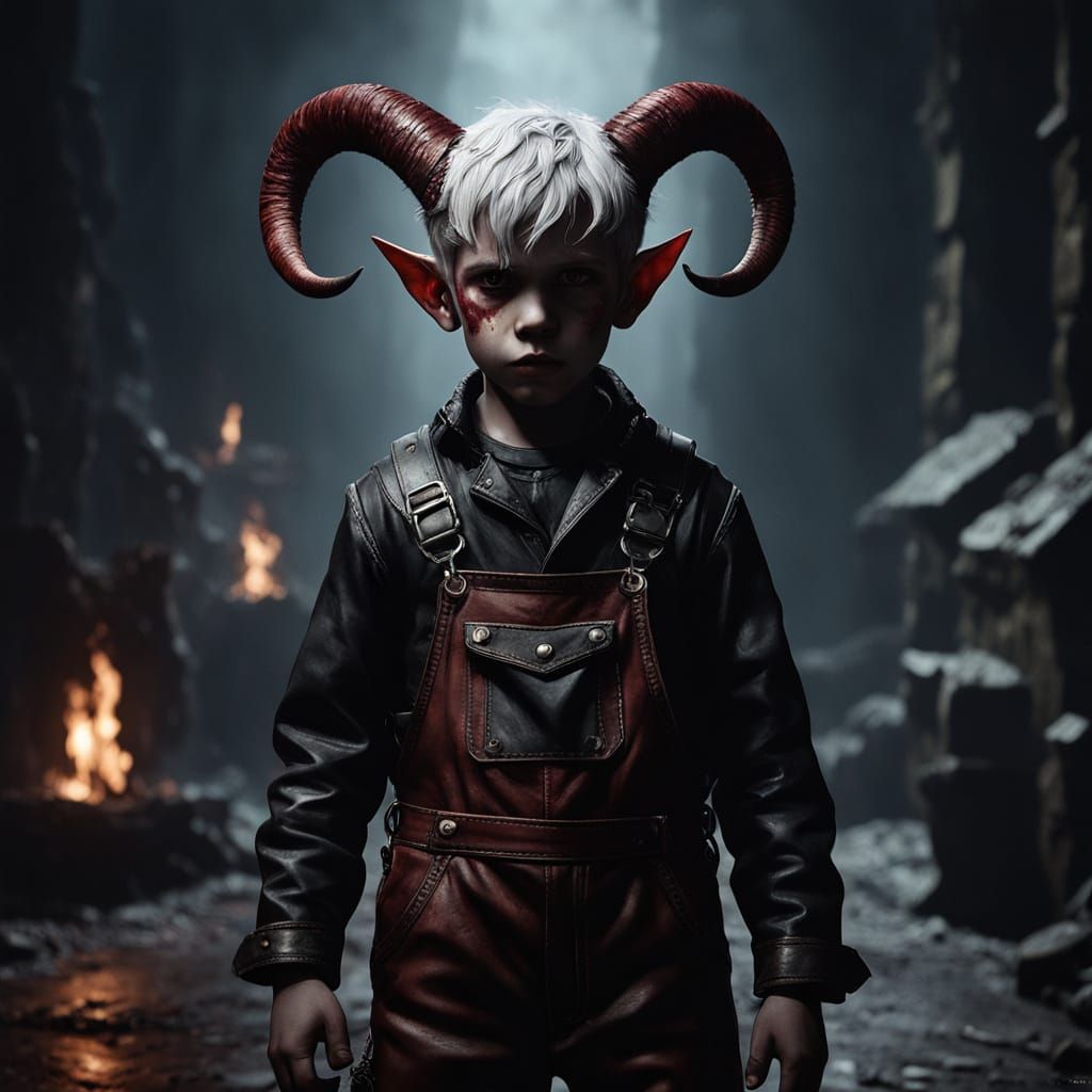 Dark Fantasy Tiefling Child with Goat Horns and White Hair