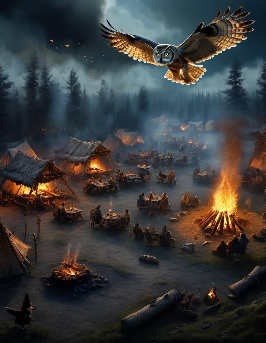 Shaman's Spirit Owl Over Evenk Camp at Night