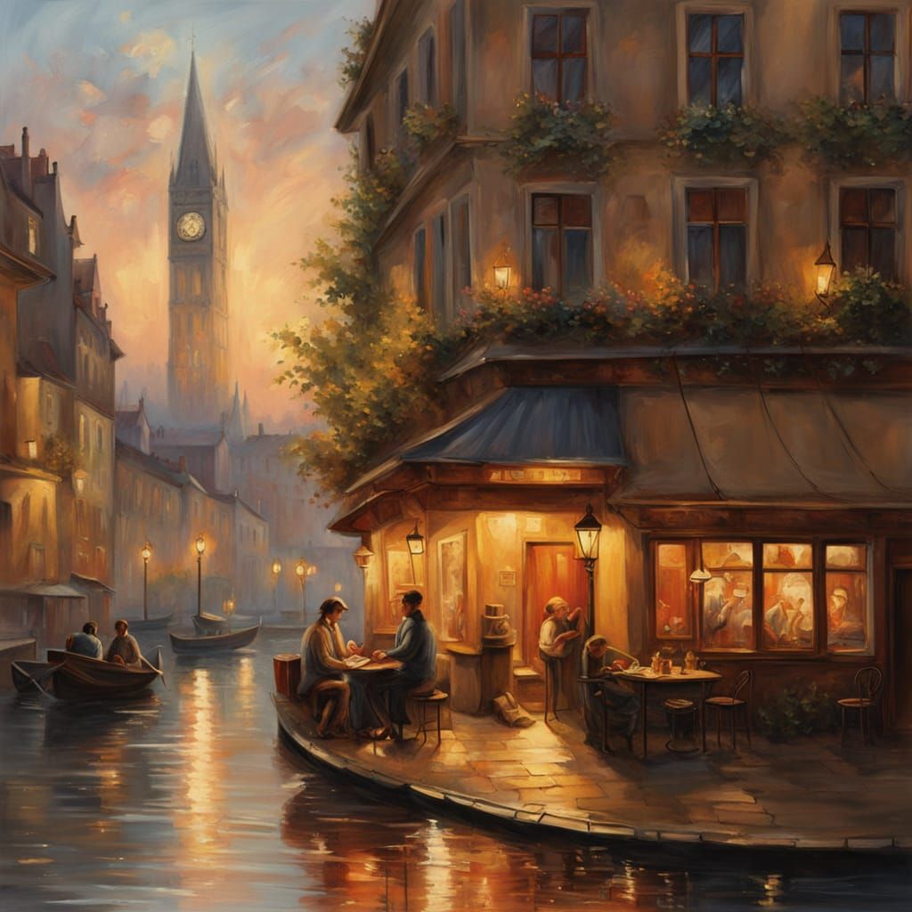 Man Writing Book in Romantic Rhine Cafe