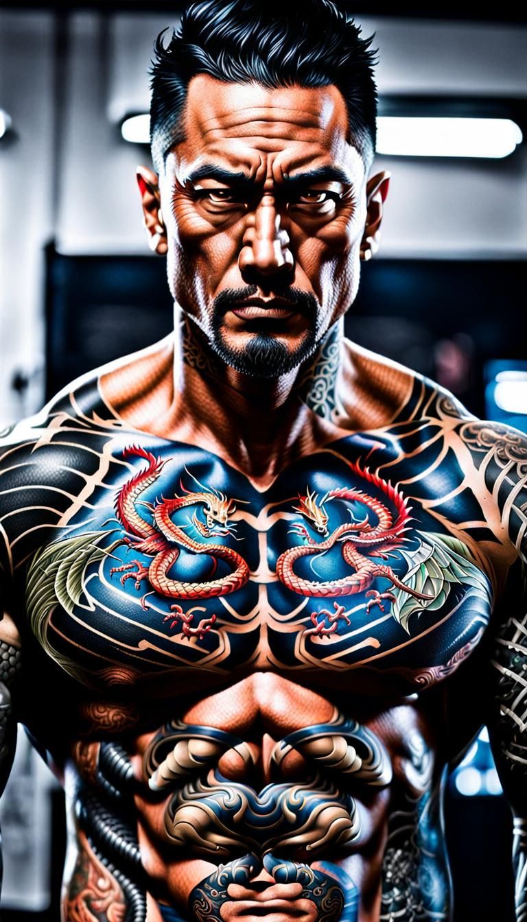 Japanese Warrior with Dragon Tattoo, Comic Book Art