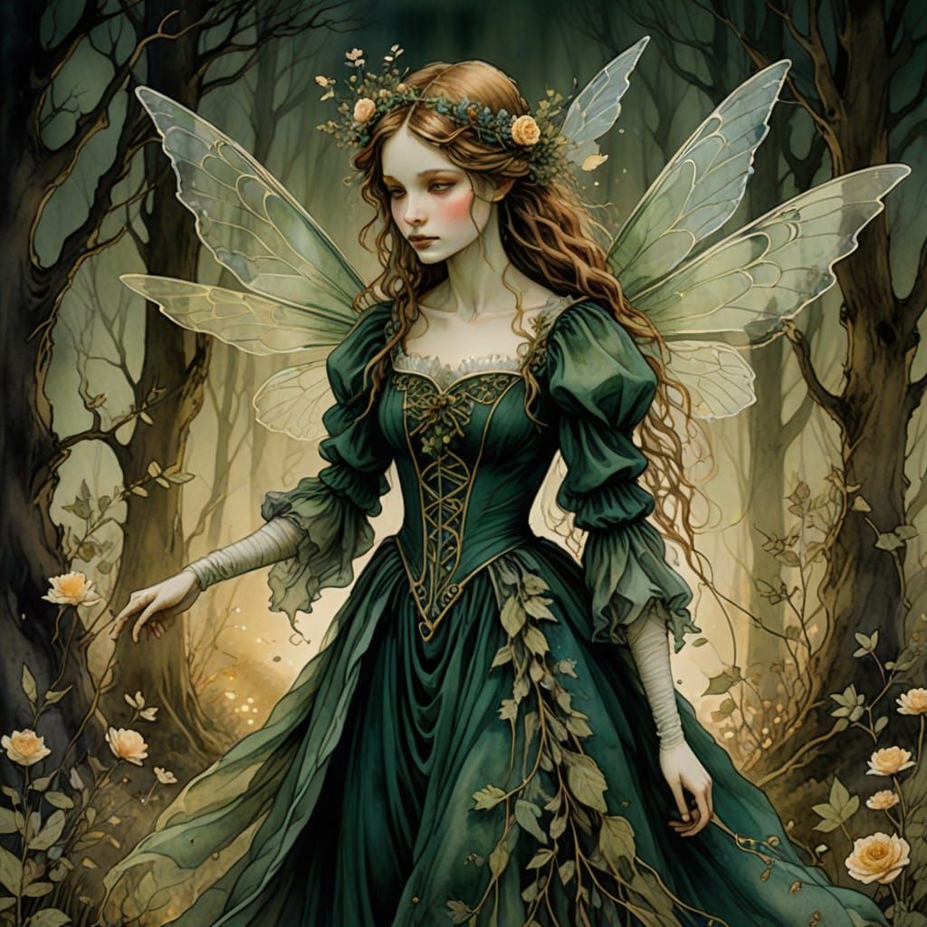 Whimsical Dark Green Fairy in Moss Gown