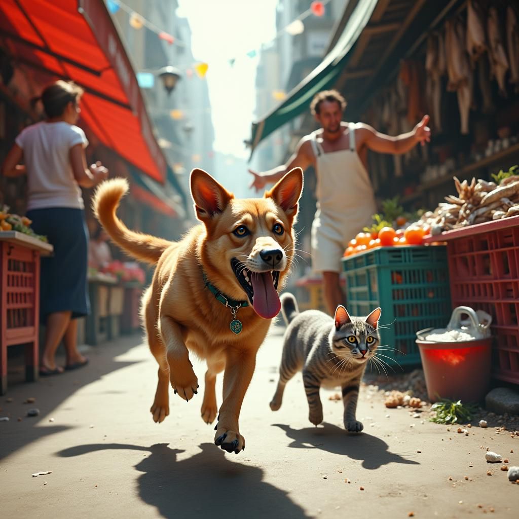 Dog Steals Cat in Market, Photorealistic Style