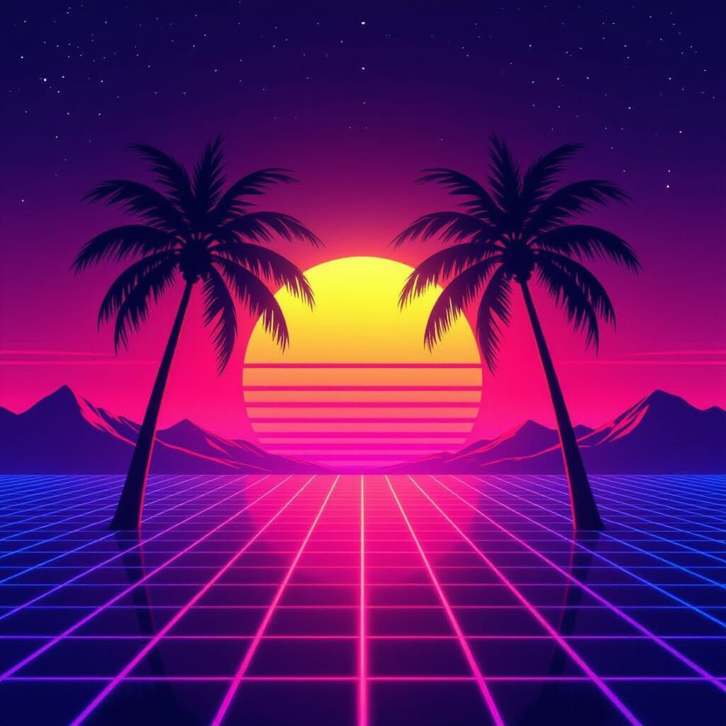 1980s Synthwave Poster with Neon Sunset and Palm Trees