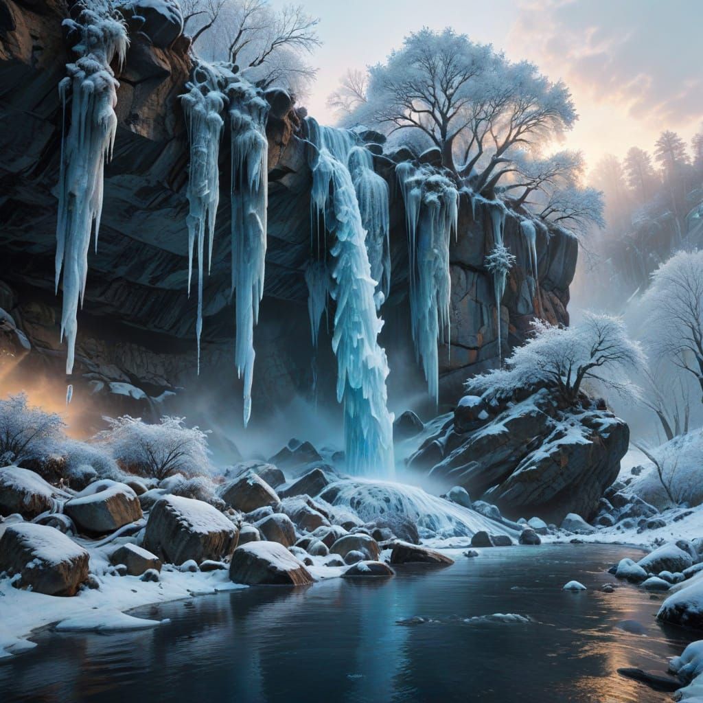 Icy Waterfall Cascades in Winter Landscape