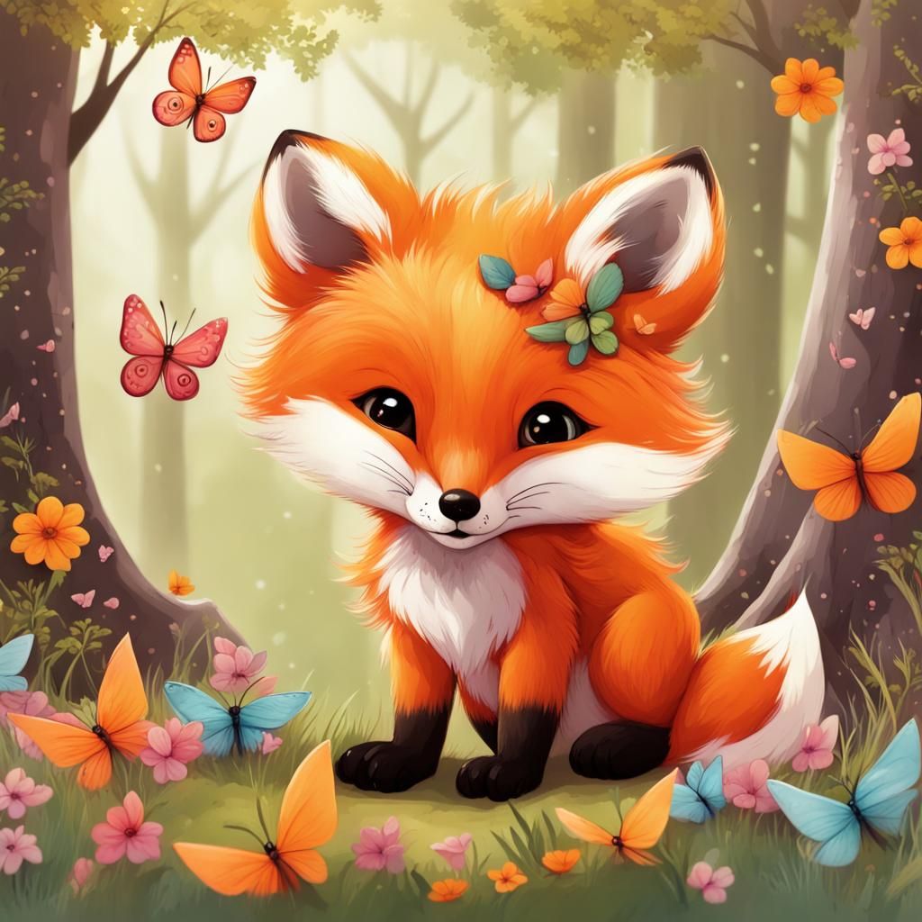 Cute Baby Fox Playing with Butterflies