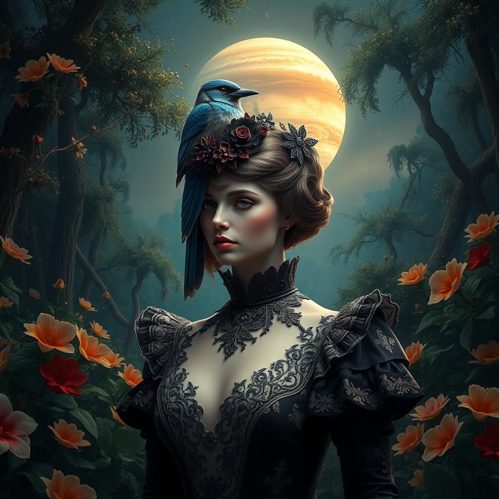 Dark Rococo Woman with Bird Hat, Detailed 8K Render