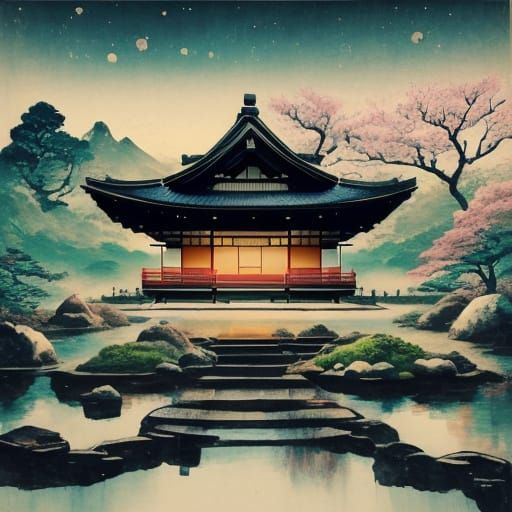 Japanese Garden in Bubble, Woodblock Print Style