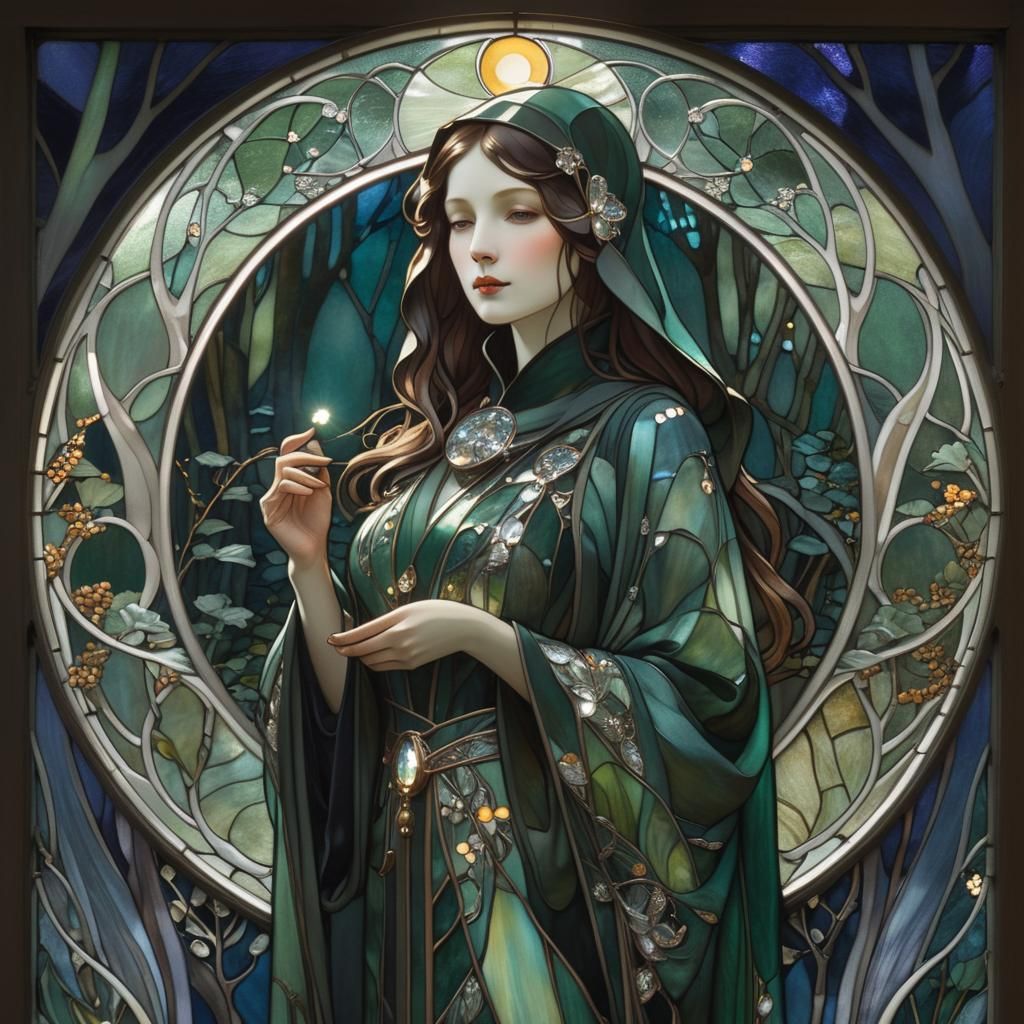 Art Nouveau Stained Glass Lizard Woman in Forest